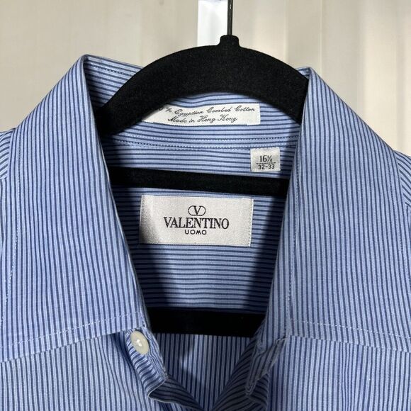 Valentino Button Up Dress Shirt Striped Blue and White Egyptian Cotton 16.5 - Picture 2 of 6